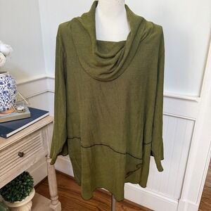 Ali Miles Womens 3X Olive Green Cowl Neck Textured Tunic Asymmetrical Button Top